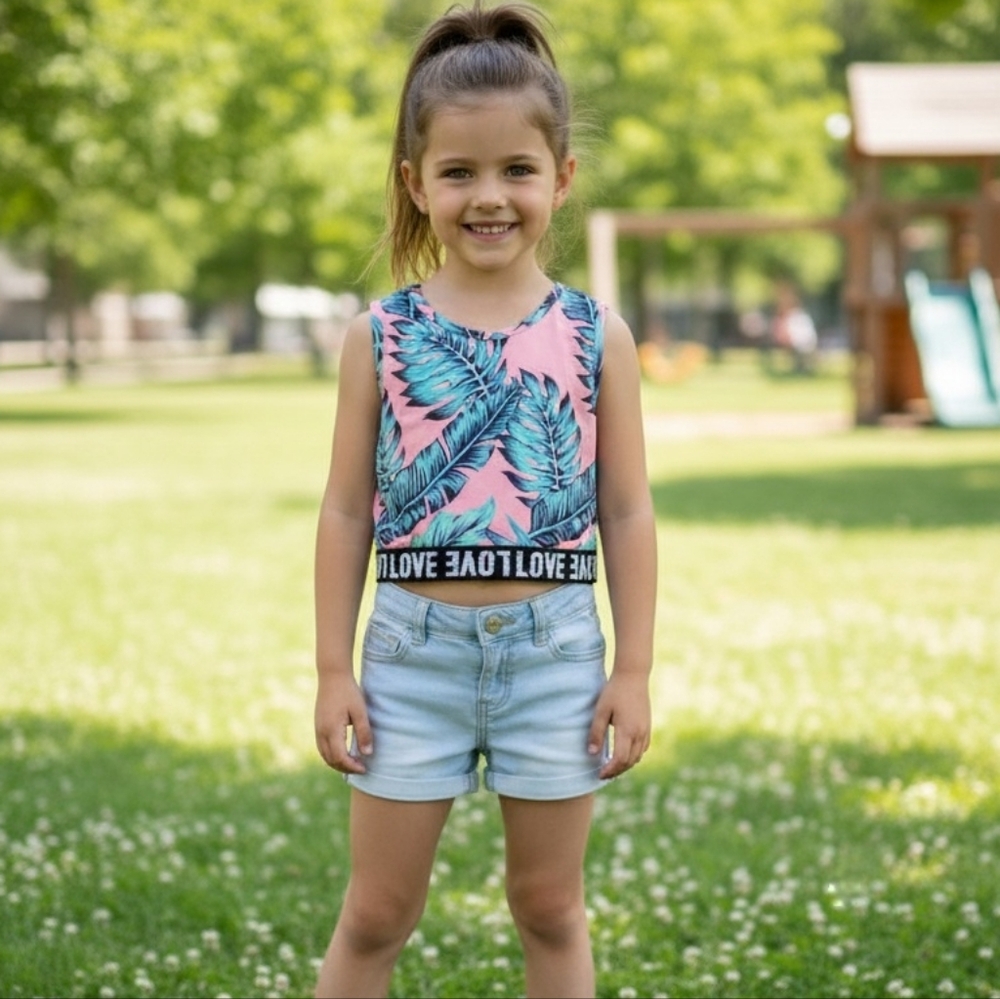 SHEIN Kids Tropical Print 'LOVE' Athletic Crop Top